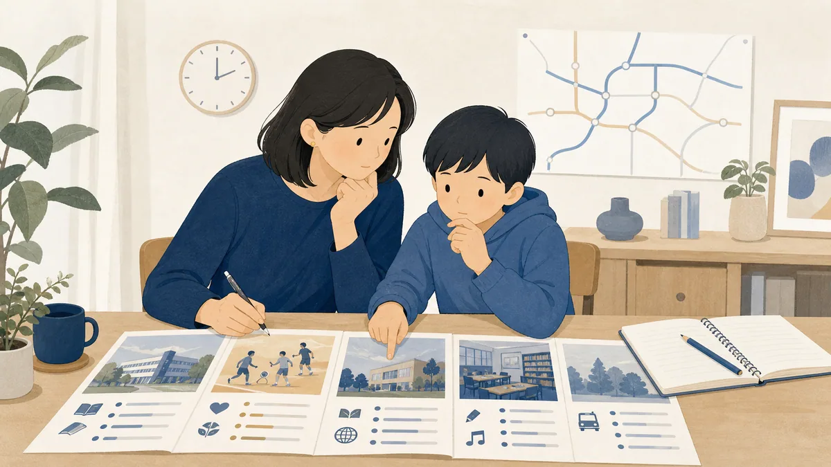 家庭で保護者と子どもが学校資料や路線図を見比べているイラスト
