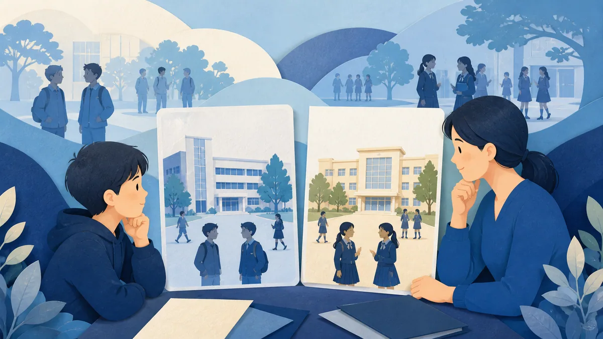 学校の雰囲気を親子で話し合うイラスト