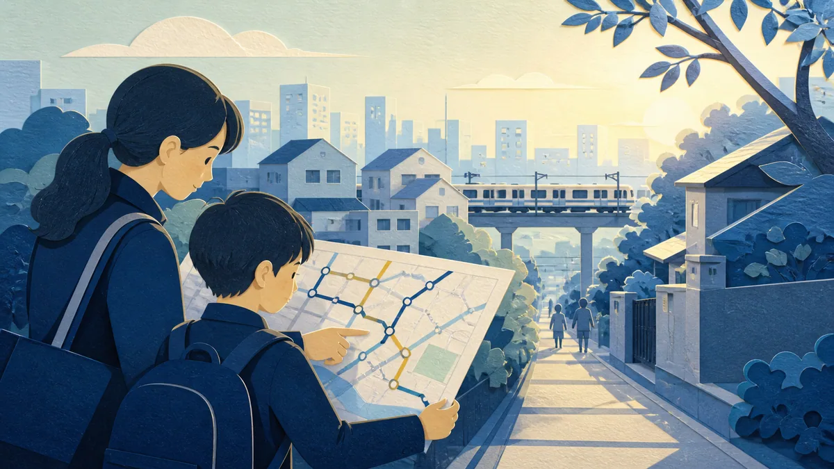 通学経路を地図で確認する親子のイラスト