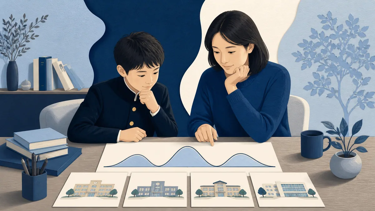 グラフと学校候補を見ながら考える親子のイラスト