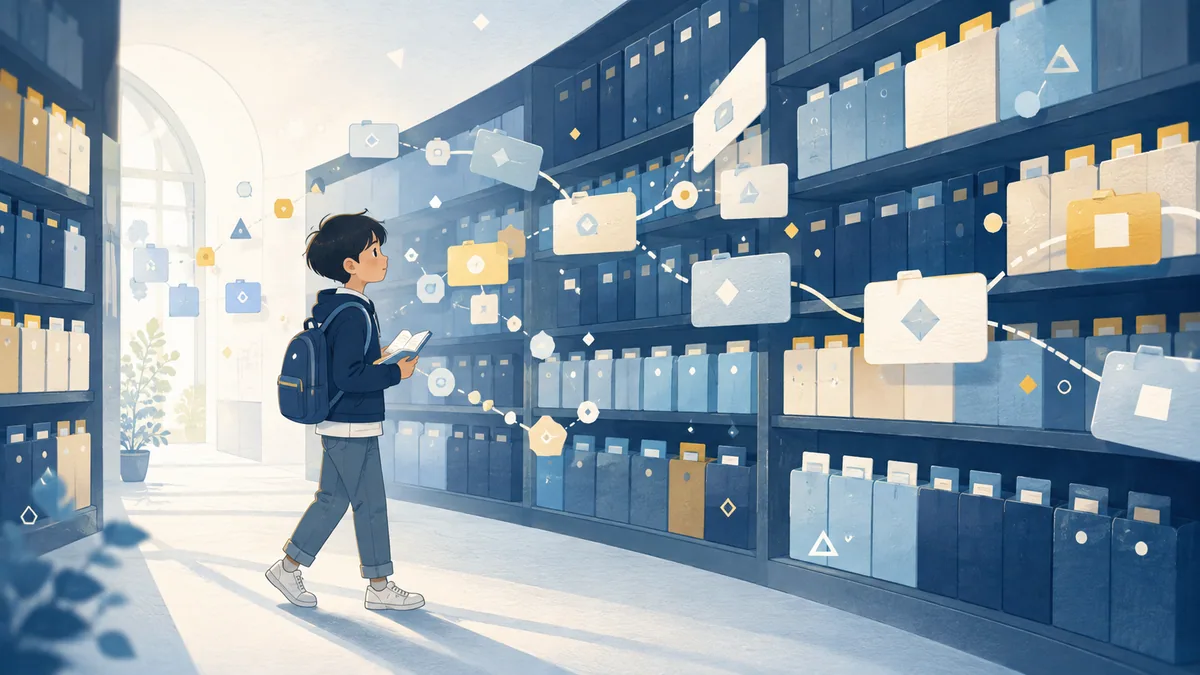 図書館の棚に並ぶ記号付きカードを、辞書を手にした小学生が読み解いていくイラスト