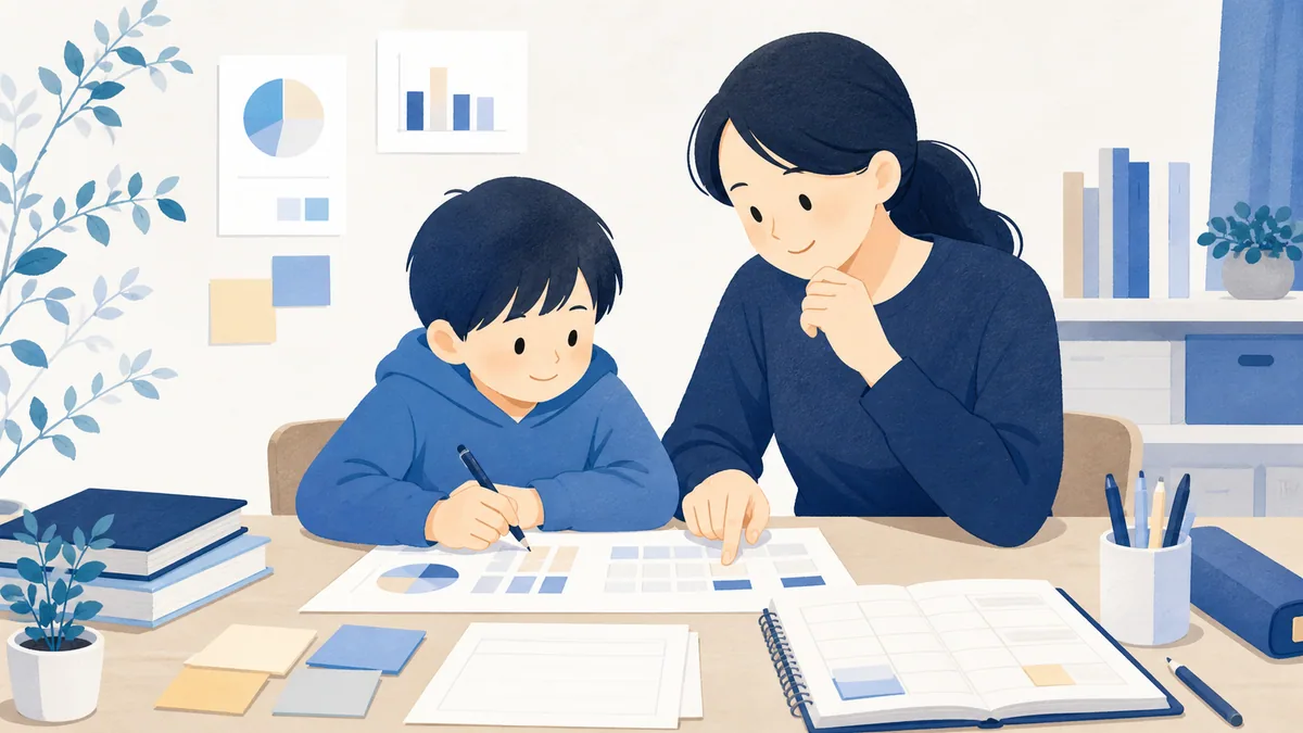 家庭で保護者と子どもが模試の資料を見ながら次の学習計画を考えているイラスト