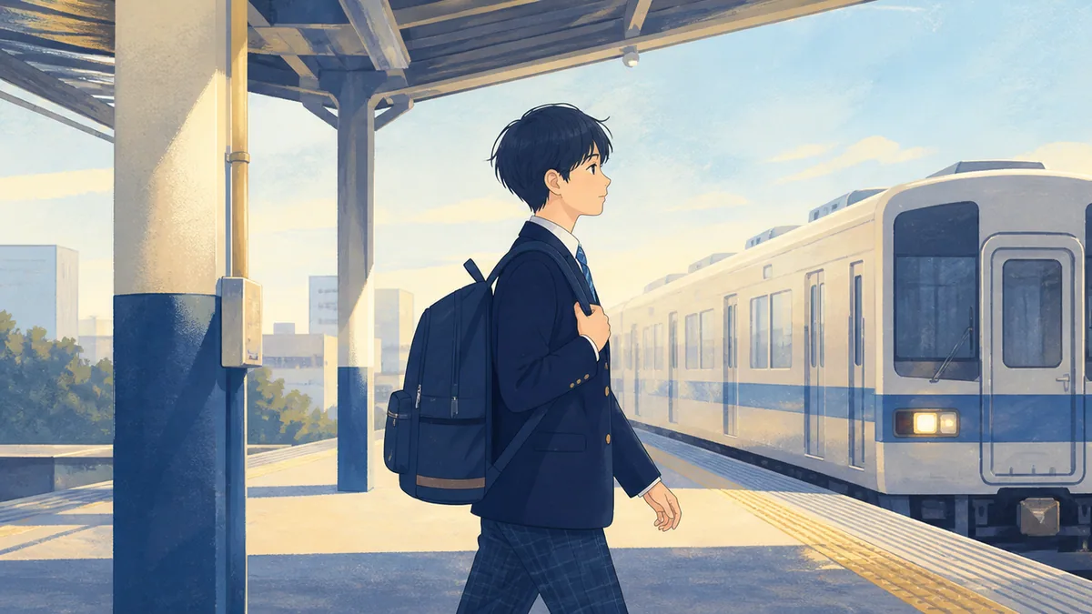 朝の駅ホームを、電車に向かって歩く紺色のリュックを背負った中学生のイラスト