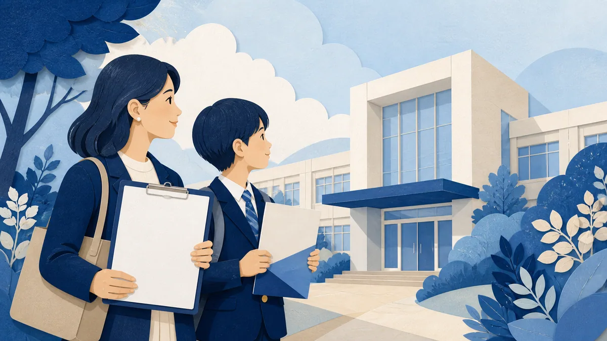 学校説明会の準備リストを確認する親子のイラスト