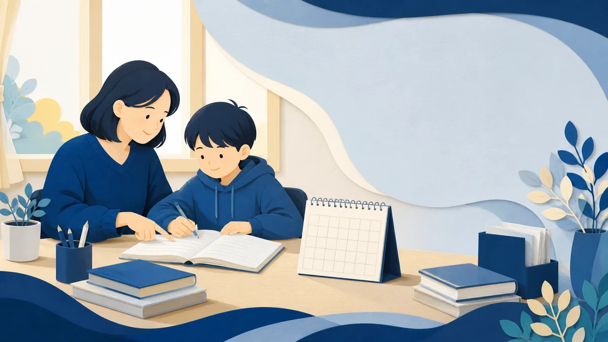 学習計画を親子で話し合う様子を描いたイラスト